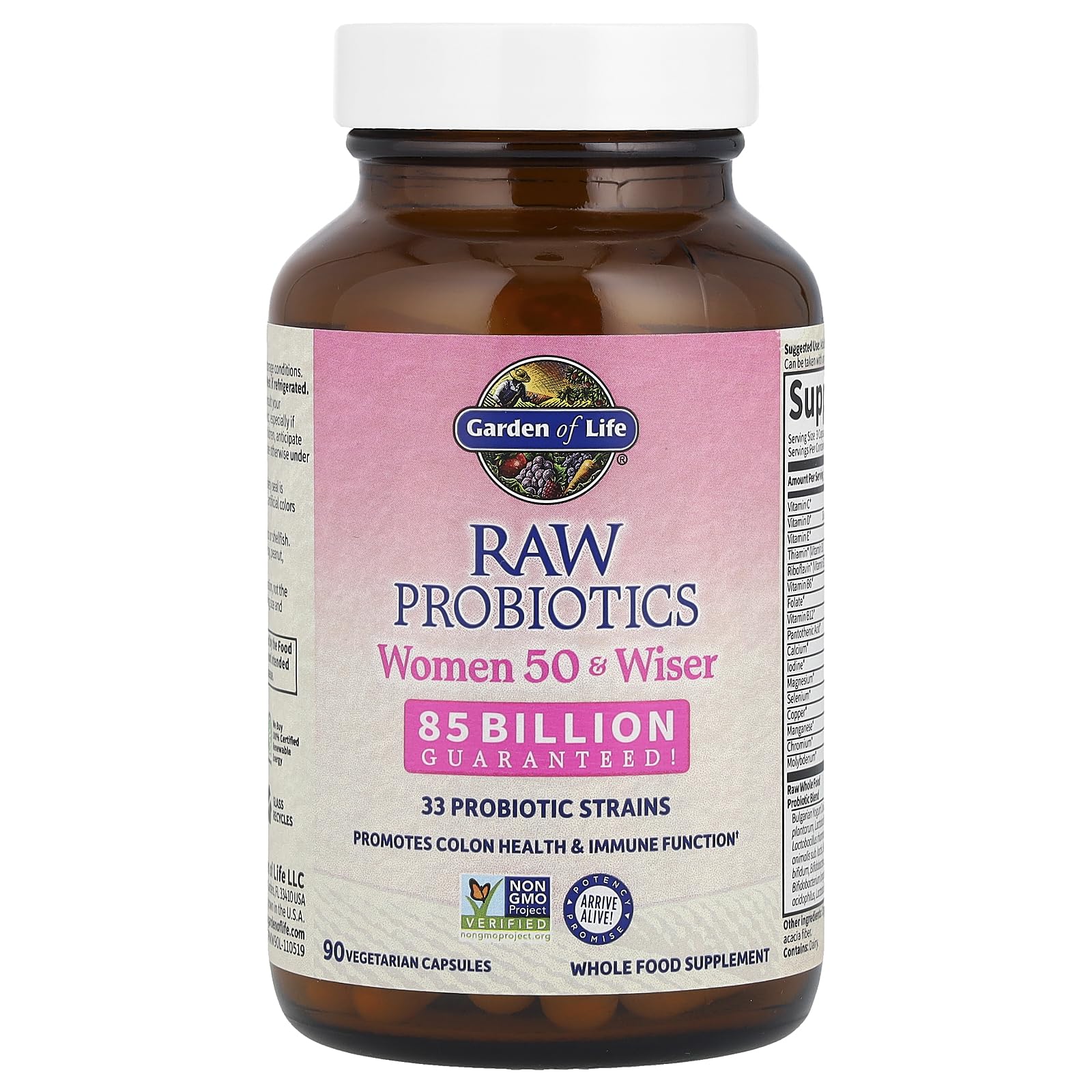Garden of Life Raw Probiotics Women 50 & Wiser label close-up highlights 90 capsules in the bottle.