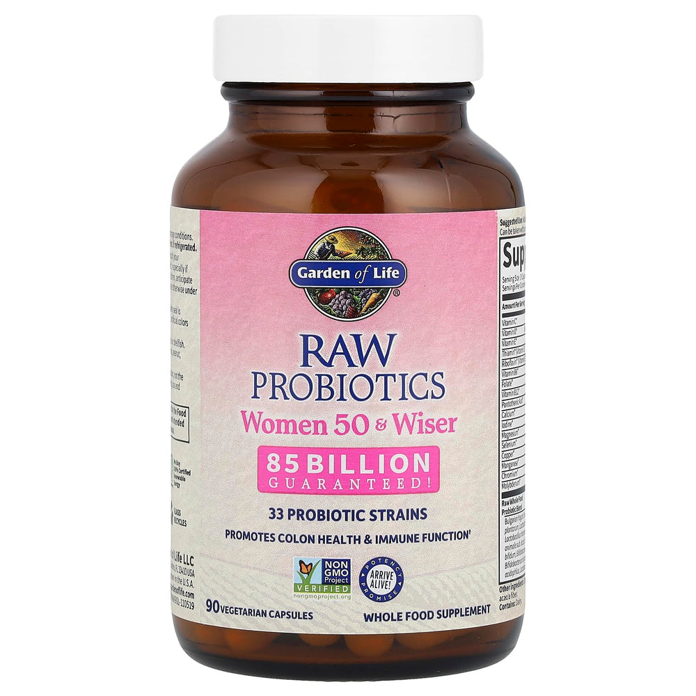 Garden of Life Raw Probiotics Women 50 & Wiser label close-up highlights 90 capsules in the bottle.