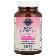 Garden of Life Raw Probiotics Women 50 & Wiser label close-up highlights 90 capsules in the bottle.