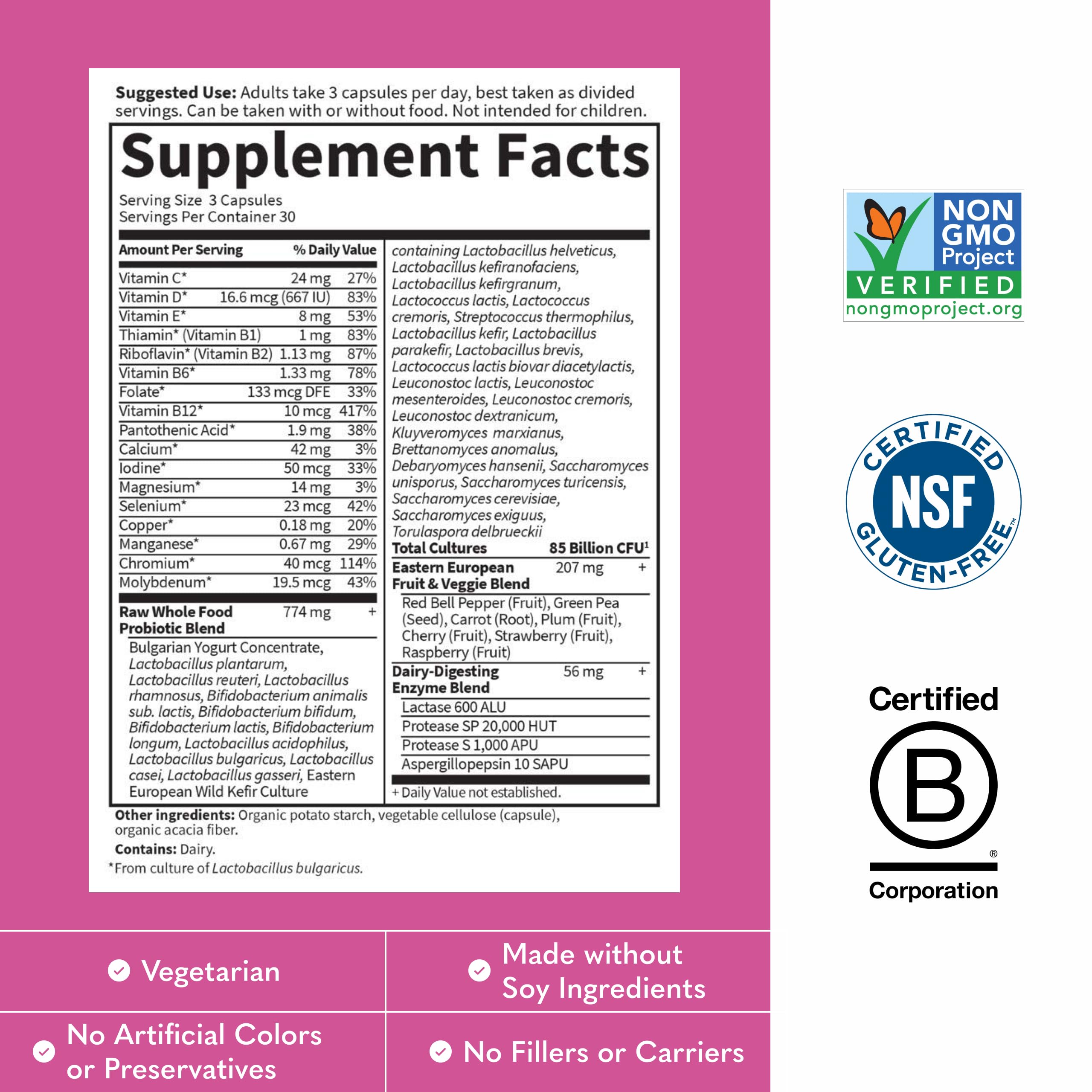 Garden of Life Raw Probiotics Women 50 & Wiser ingredients highlight 33 probiotic strains.