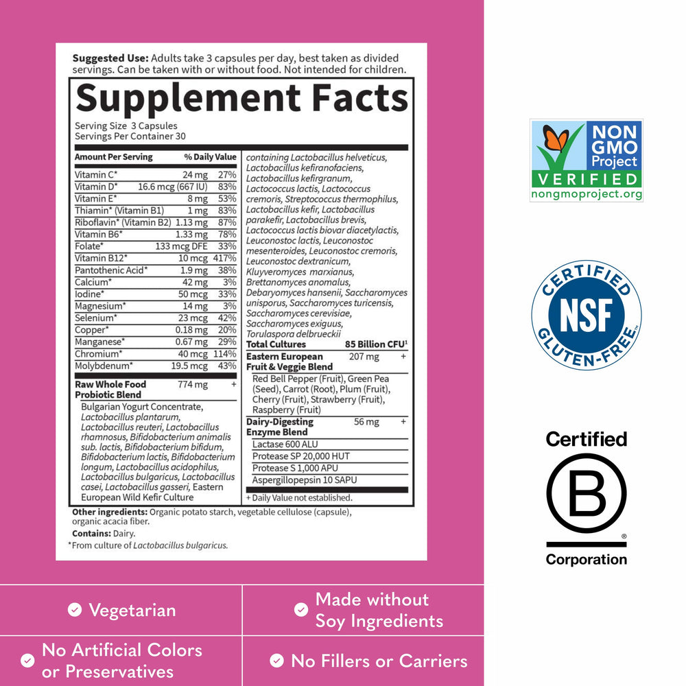 Garden of Life Raw Probiotics Women 50 & Wiser ingredients highlight 33 probiotic strains.