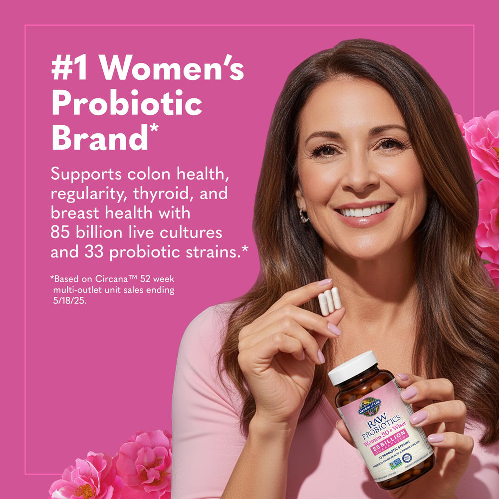 Garden of Life Raw Probiotics Women 50 & Wiser packaging emphasizes gluten-free, non-GMO quality.