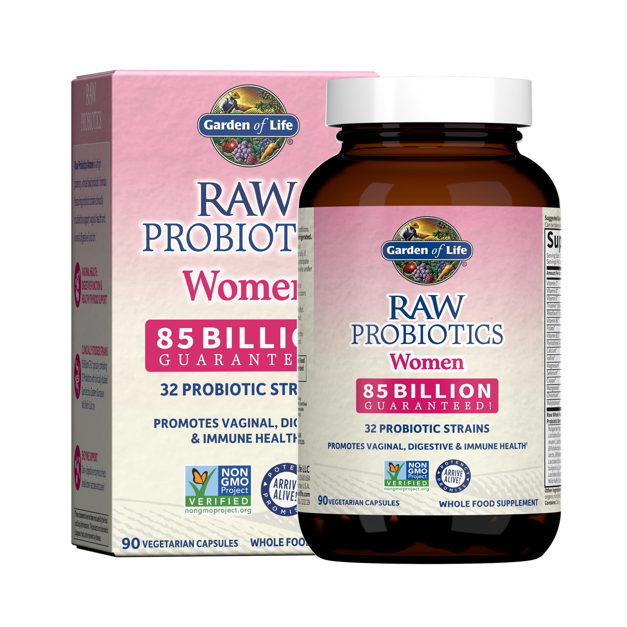 Garden of Life Raw Probiotics Women bottle close-up highlighting 85B cultures for gut balance