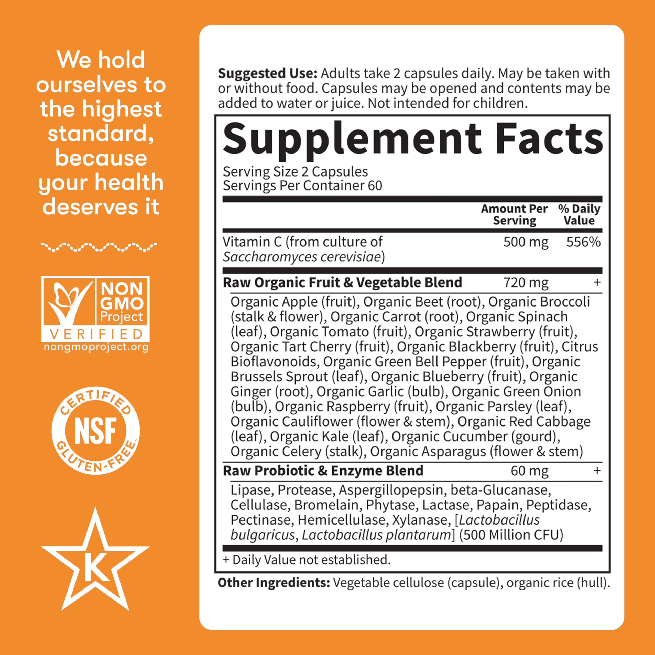 Label featuring 23 raw fruits and vegetables in Garden of Life Vitamin C