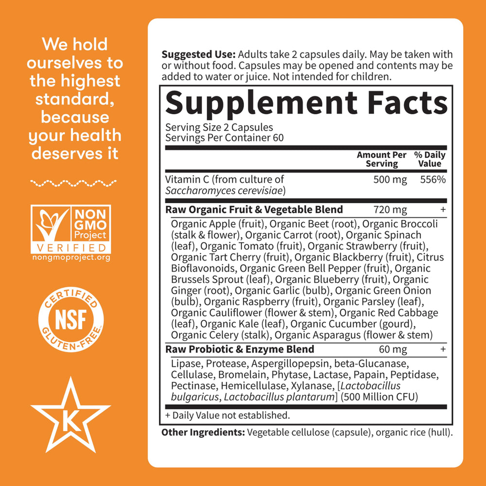 Label featuring 23 raw fruits and vegetables in Garden of Life Vitamin C