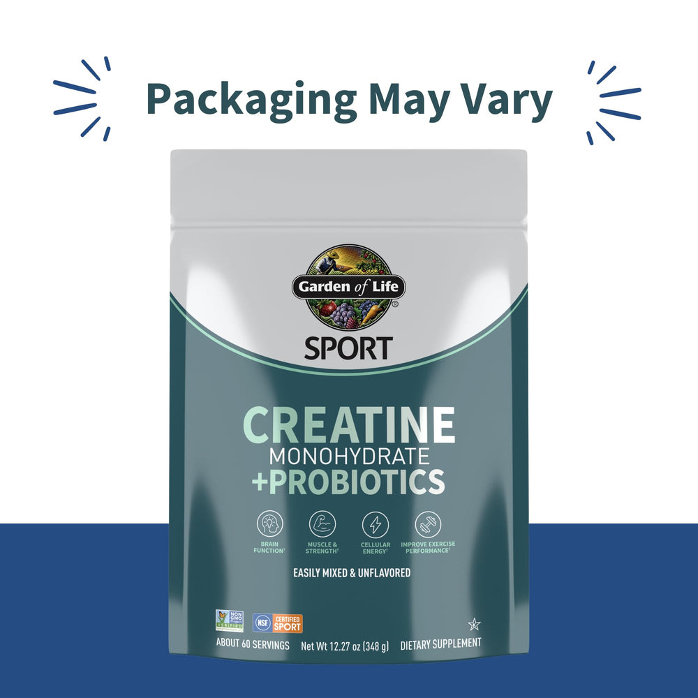Garden of Life SPORT Creatine powder scoop highlights 5 g per serving for muscle growth.