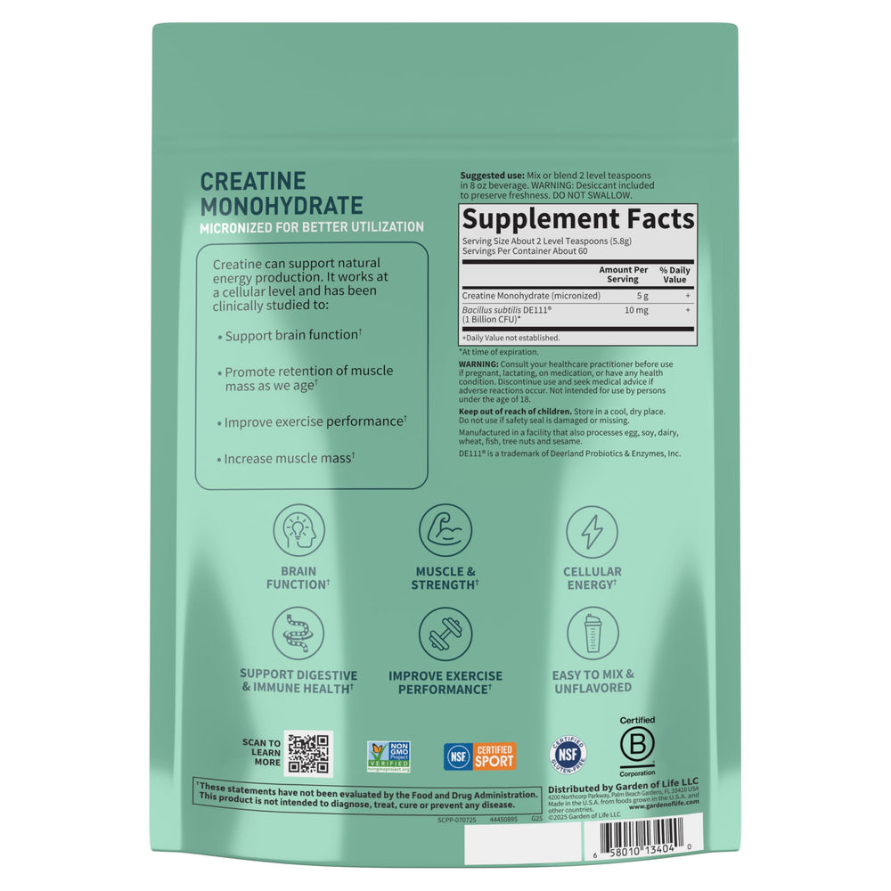 Garden of Life SPORT Creatine image showing pre- and post-workout use.