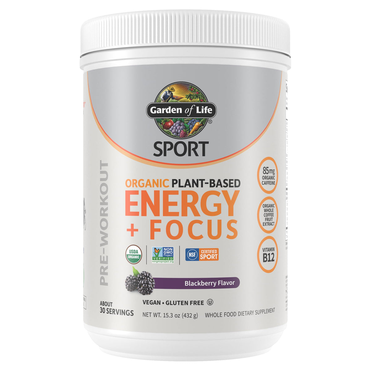 Garden of Life Energy + Focus berry powder in tub for plant-based workout energy