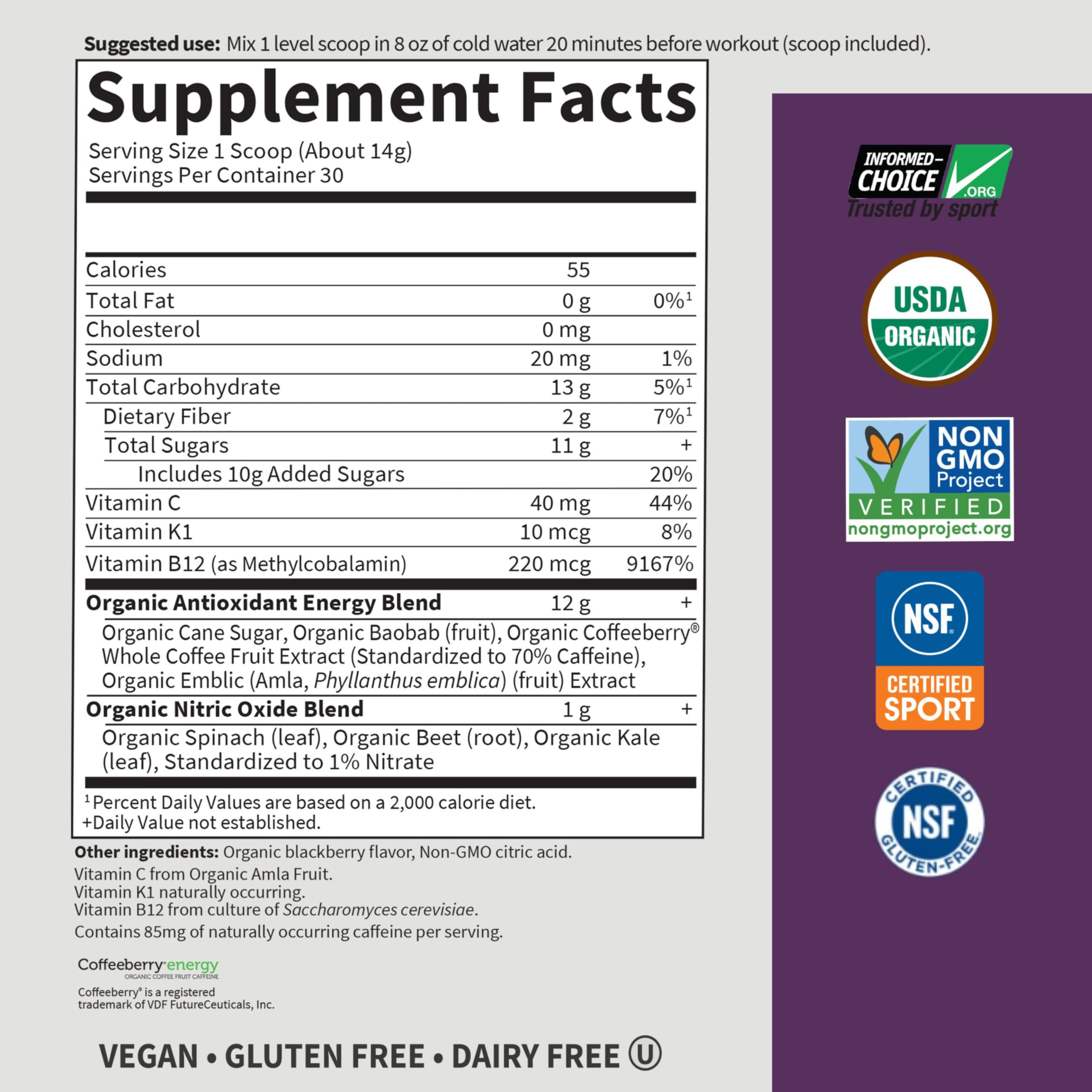 Vegan and gluten-free certification marks on Energy + Focus label