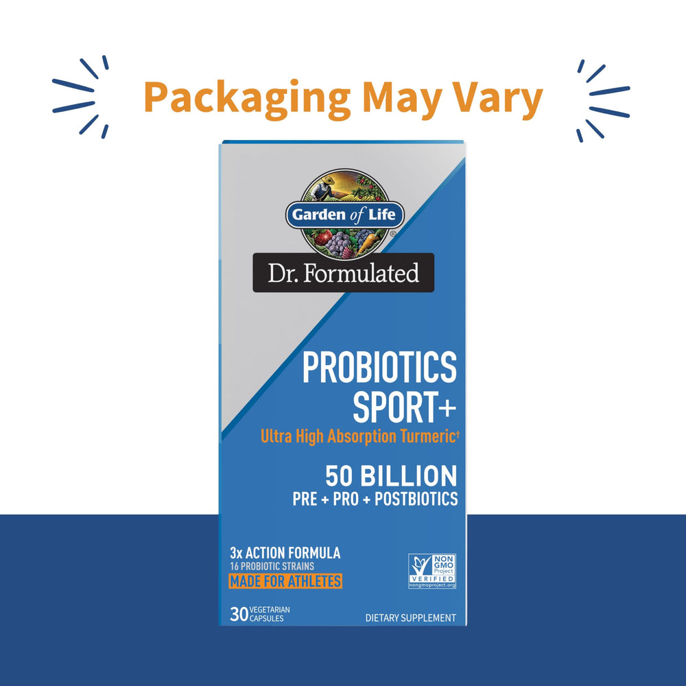 Garden of Life Sport Probiotics capsules shown for athletic recovery and energy.