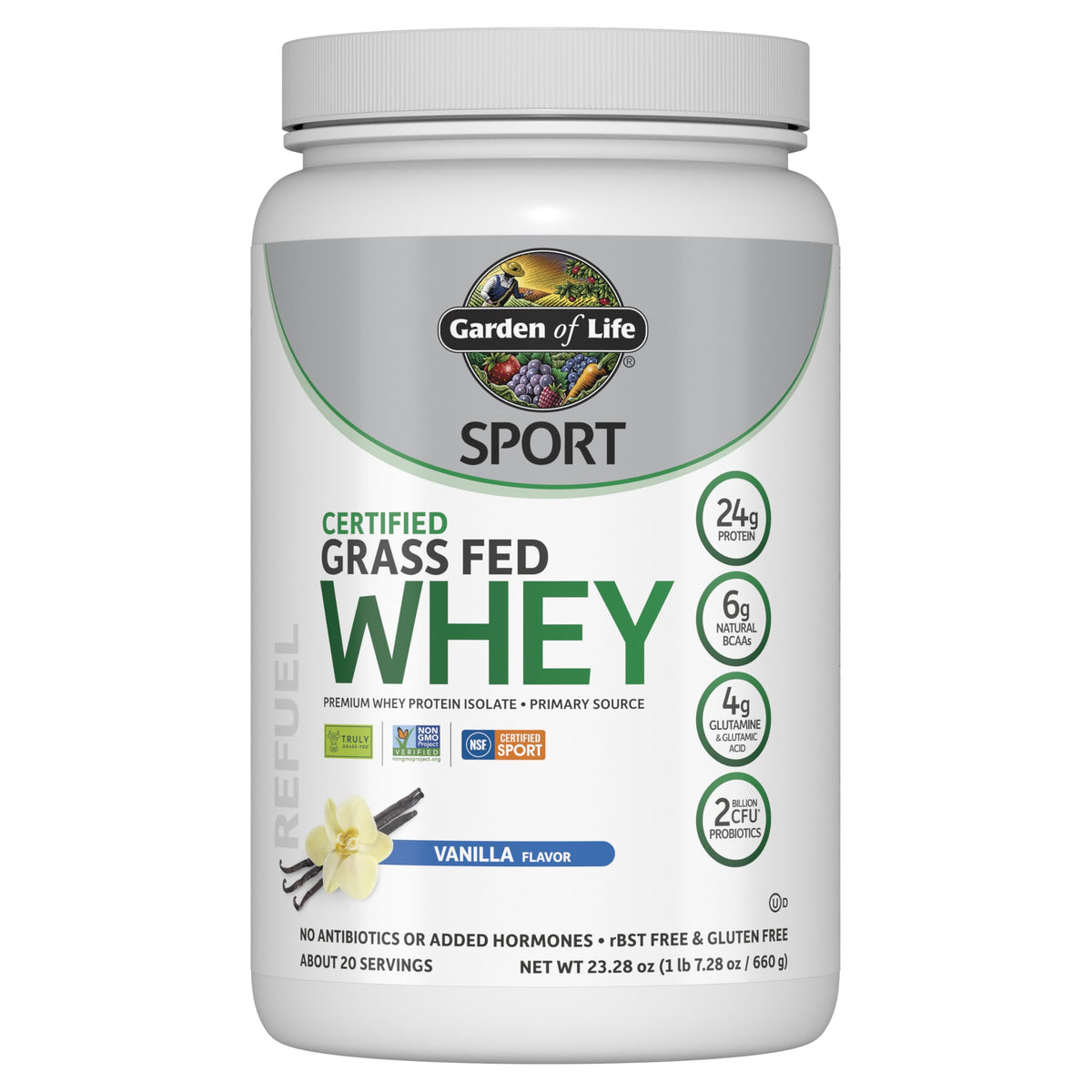 Garden of Life SPORT vanilla bottle showing 24g protein and probiotics for recovery.