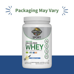 Garden of Life SPORT whey vanilla scoop displaying 24g protein per serving for lean muscle.