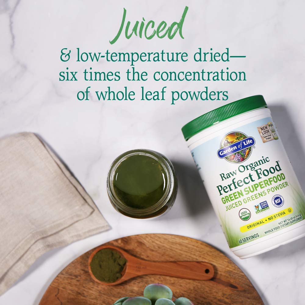 Garden of Life Super Greens label close-up with organic and vegan certifications.