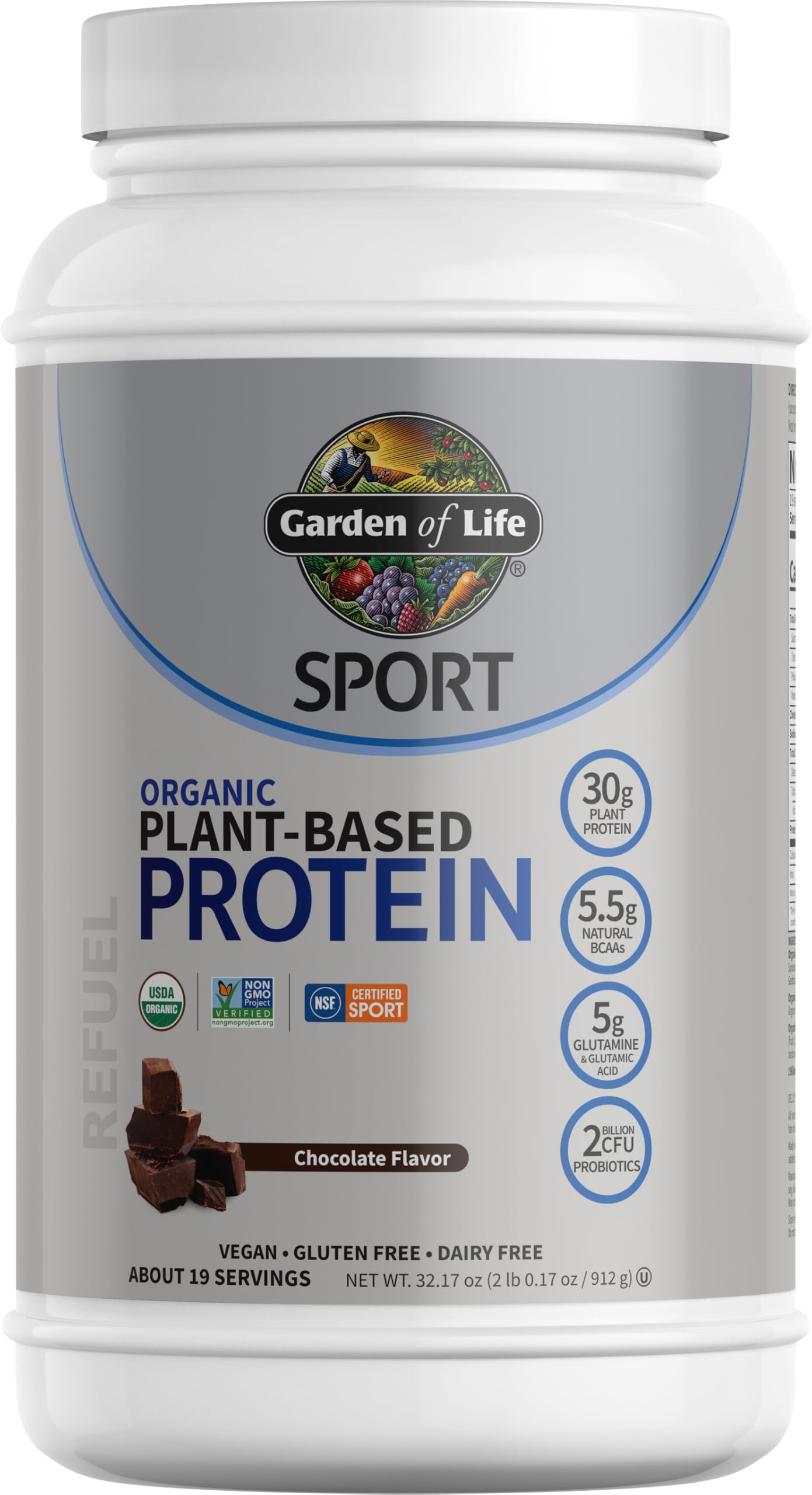 Garden of Life vegan chocolate protein powder tub for post-workout recovery