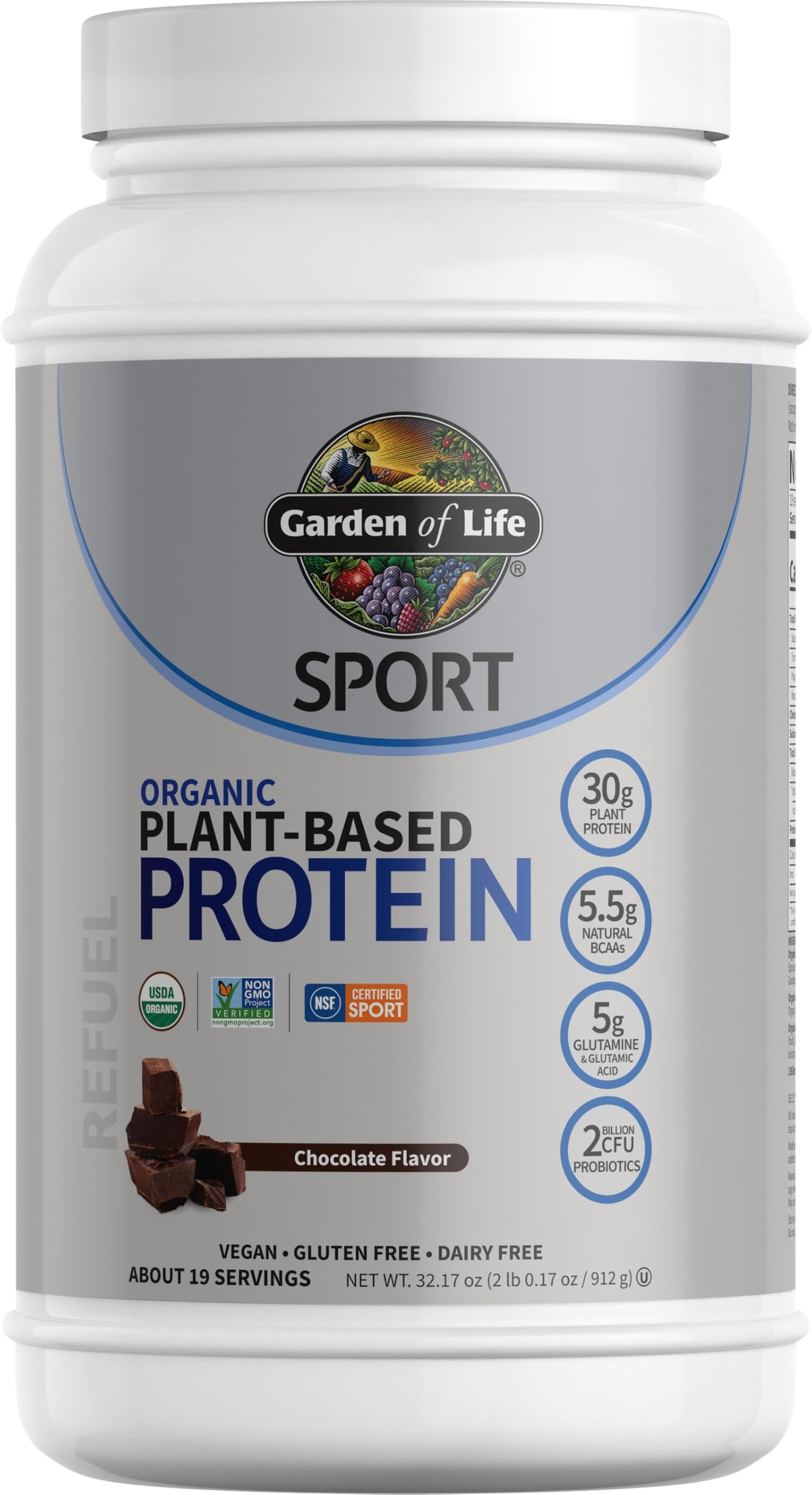 Garden of Life vegan chocolate protein powder tub for post-workout recovery