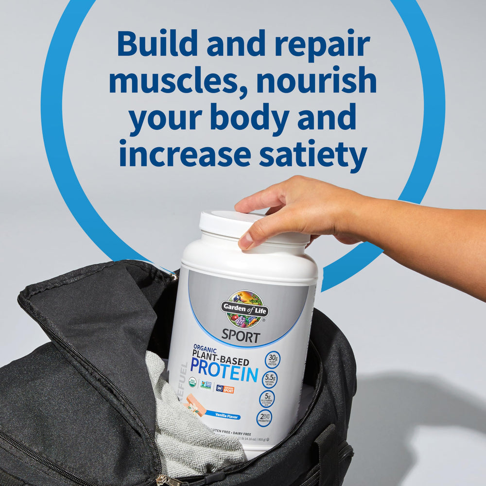 Garden of Life protein bottle label highlighting probiotic blend
