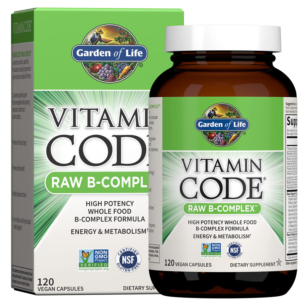 Garden of Life Vitamin B Complex bottle front highlighting energy support for daily activities.