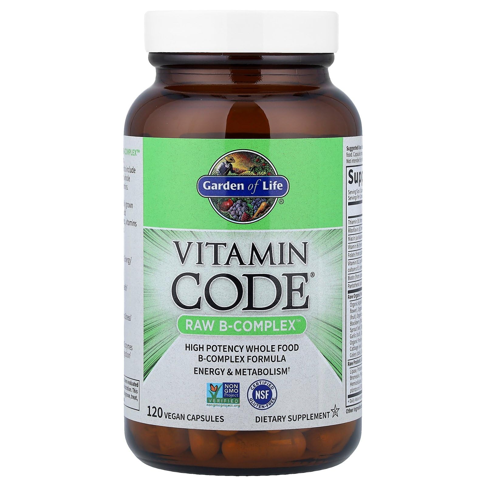 Garden of Life Vitamin B Complex capsules closeup for easy daily intake.