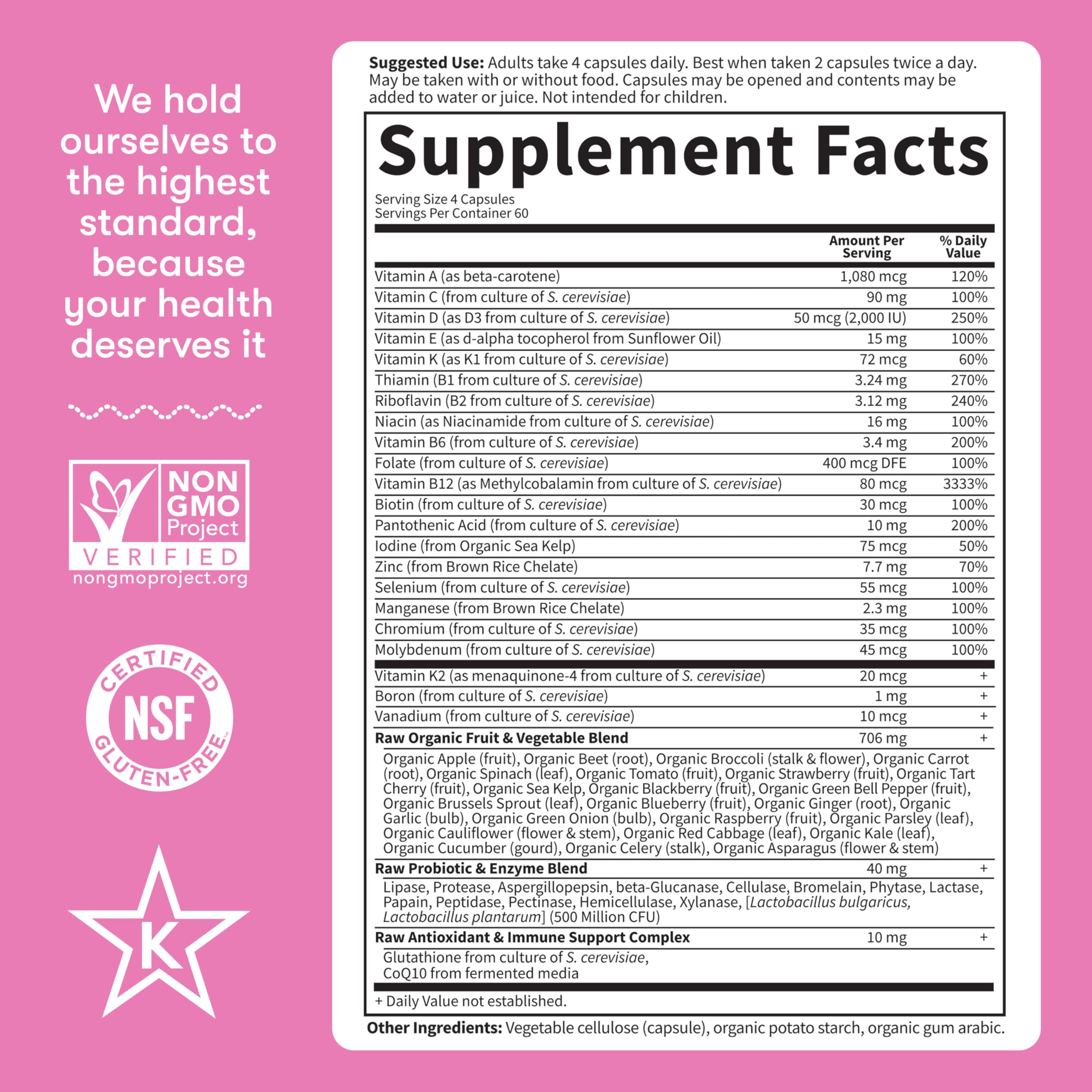 Usage directions show four capsules daily or mix with water.