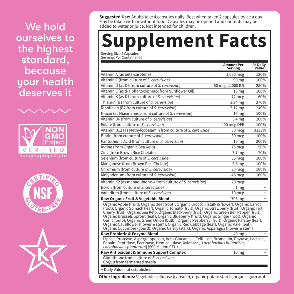 Usage directions show four capsules daily or mix with water.