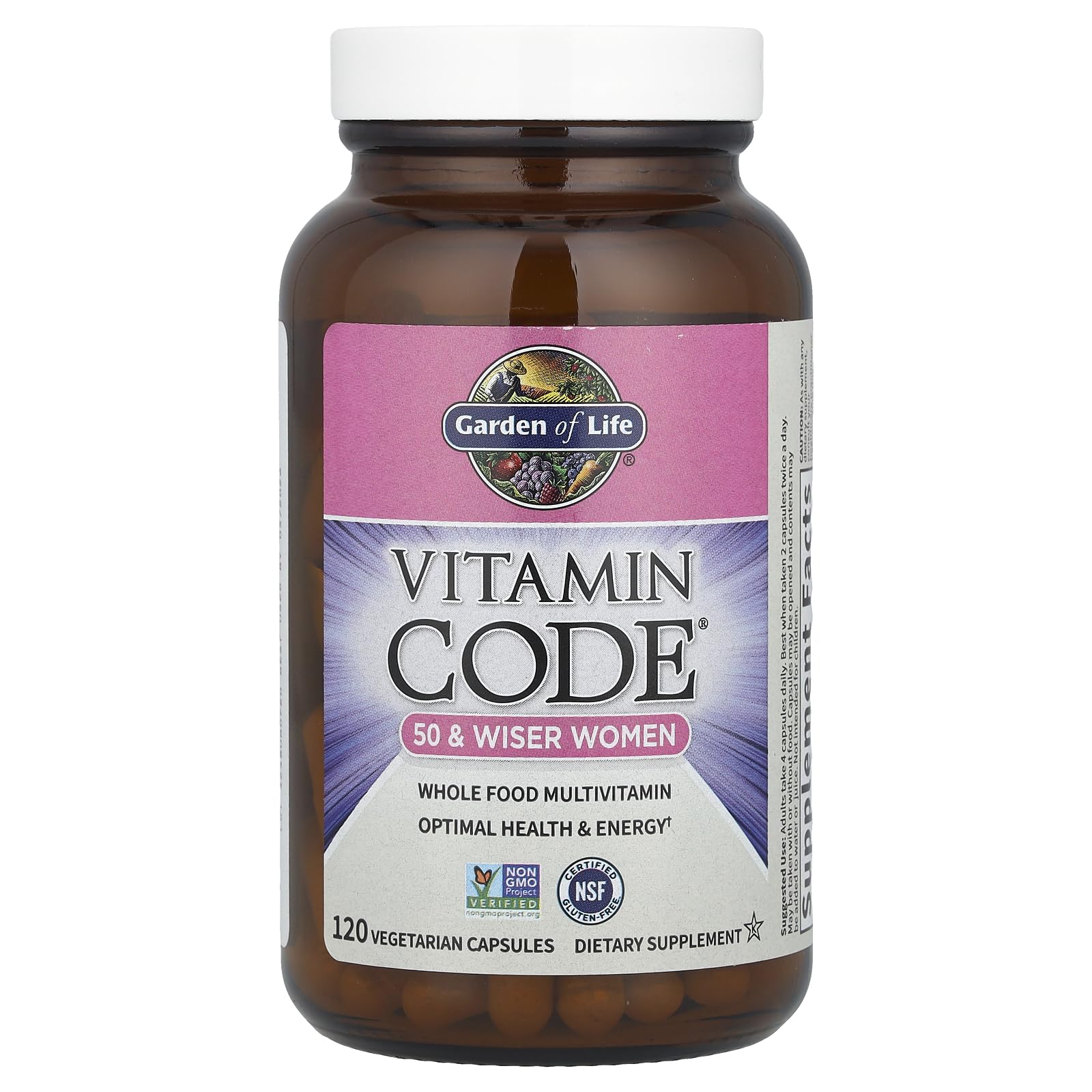 Vitamin Code 50 & Wiser Women label highlights whole‑food nutrients and certifications.