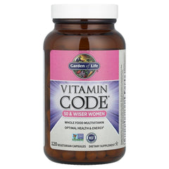Vitamin Code 50 & Wiser Women label highlights whole‑food nutrients and certifications.