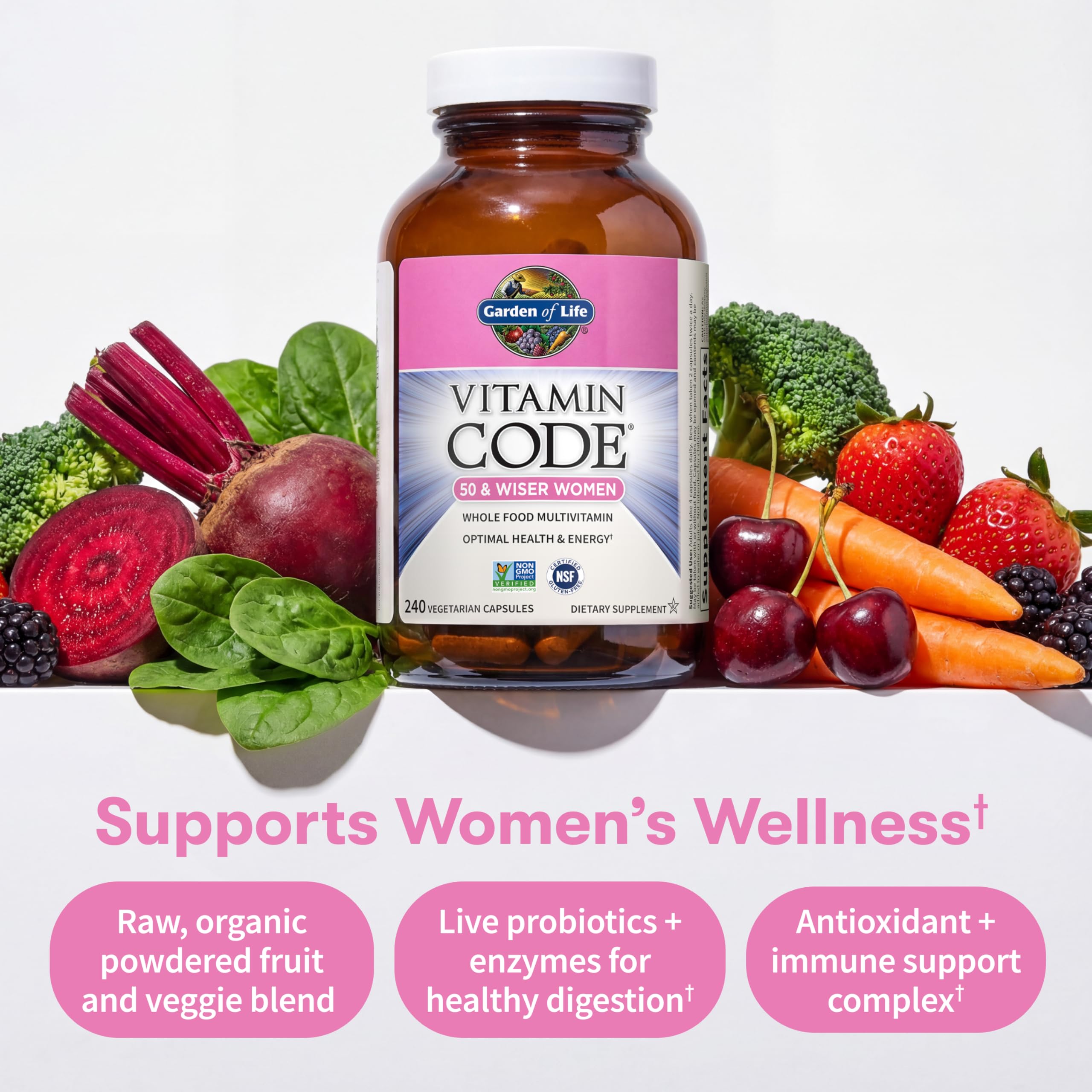 Bottle showcases probiotics and enzymes for digestive support.