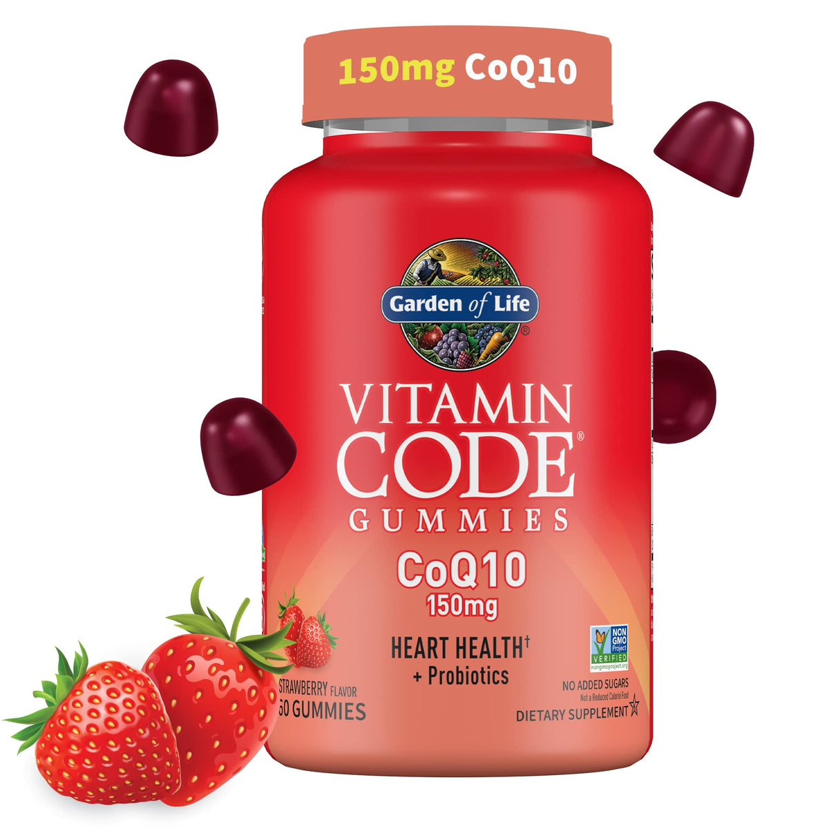 Garden of Life Vitamin Code CoQ10 Gummies strawberry bottle highlights heart health support in a tasty form.