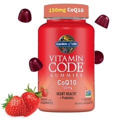 Garden of Life Vitamin Code CoQ10 Gummies strawberry bottle highlights heart health support in a tasty form.