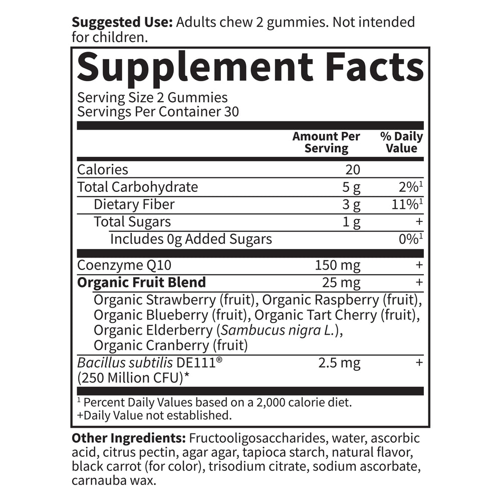 Garden of Life Vitamin Code CoQ10 Gummies strawberry-packaging shows non-GMO, gluten-free, kosher attributes.