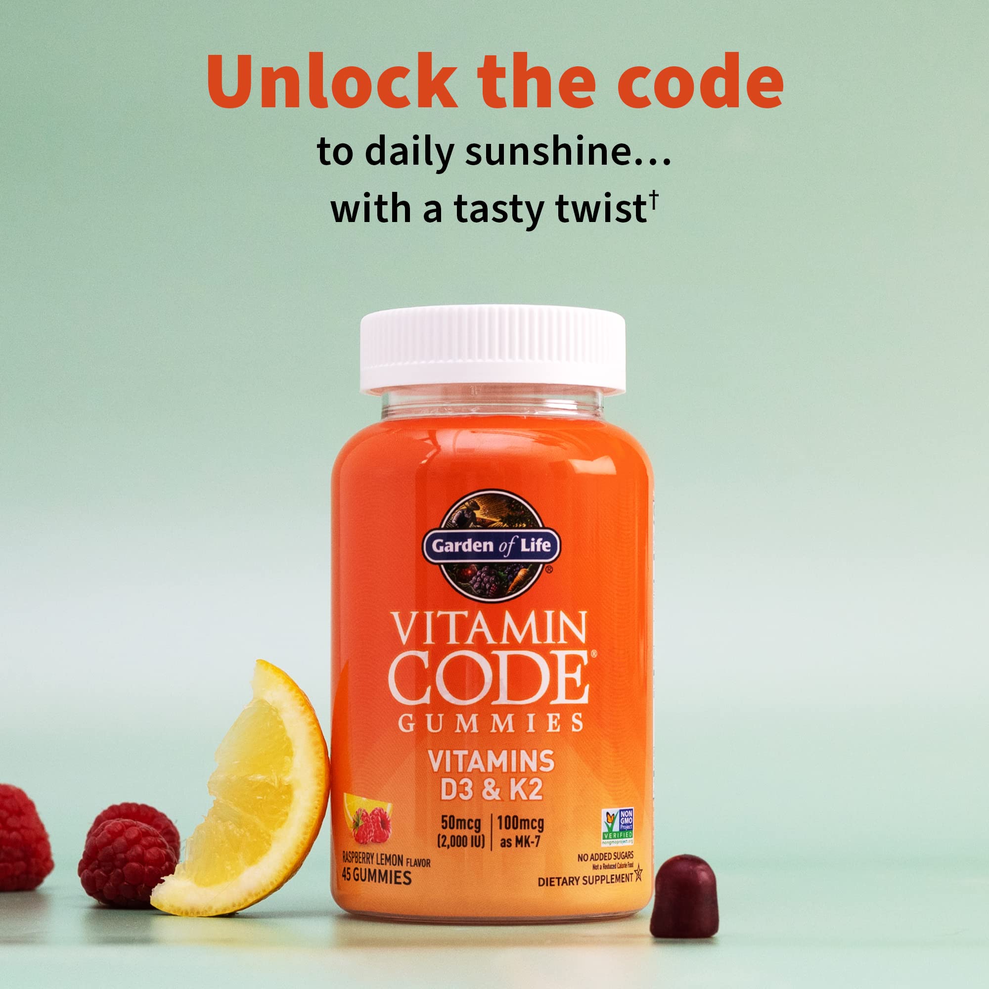 Garden of Life Vitamin Code D3 + K2 Gummies ingredient panel closeup emphasizes fermented nutrients