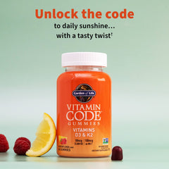 Garden of Life Vitamin Code D3 + K2 Gummies ingredient panel closeup emphasizes fermented nutrients