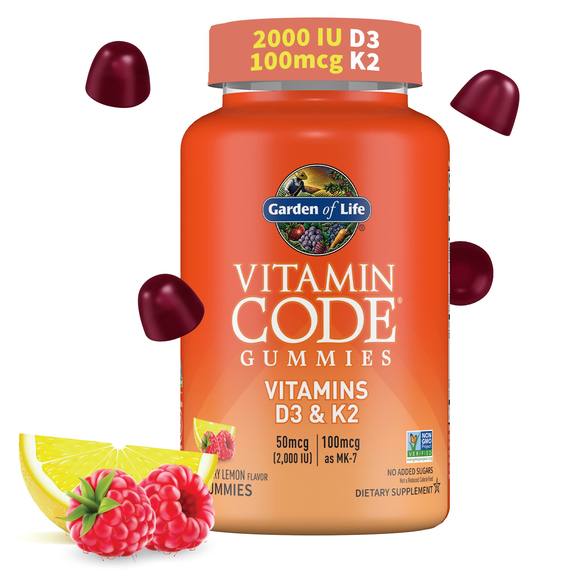 Garden of Life Vitamin Code D3 + K2 Gummies bottle with raspberry lemon flavor supports daily bone health