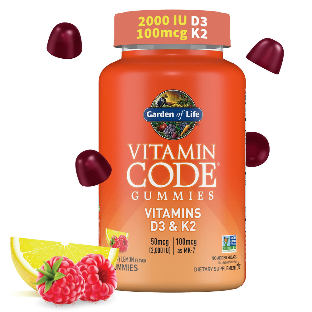 Garden of Life Vitamin Code D3 + K2 Gummies bottle with raspberry lemon flavor supports daily bone health