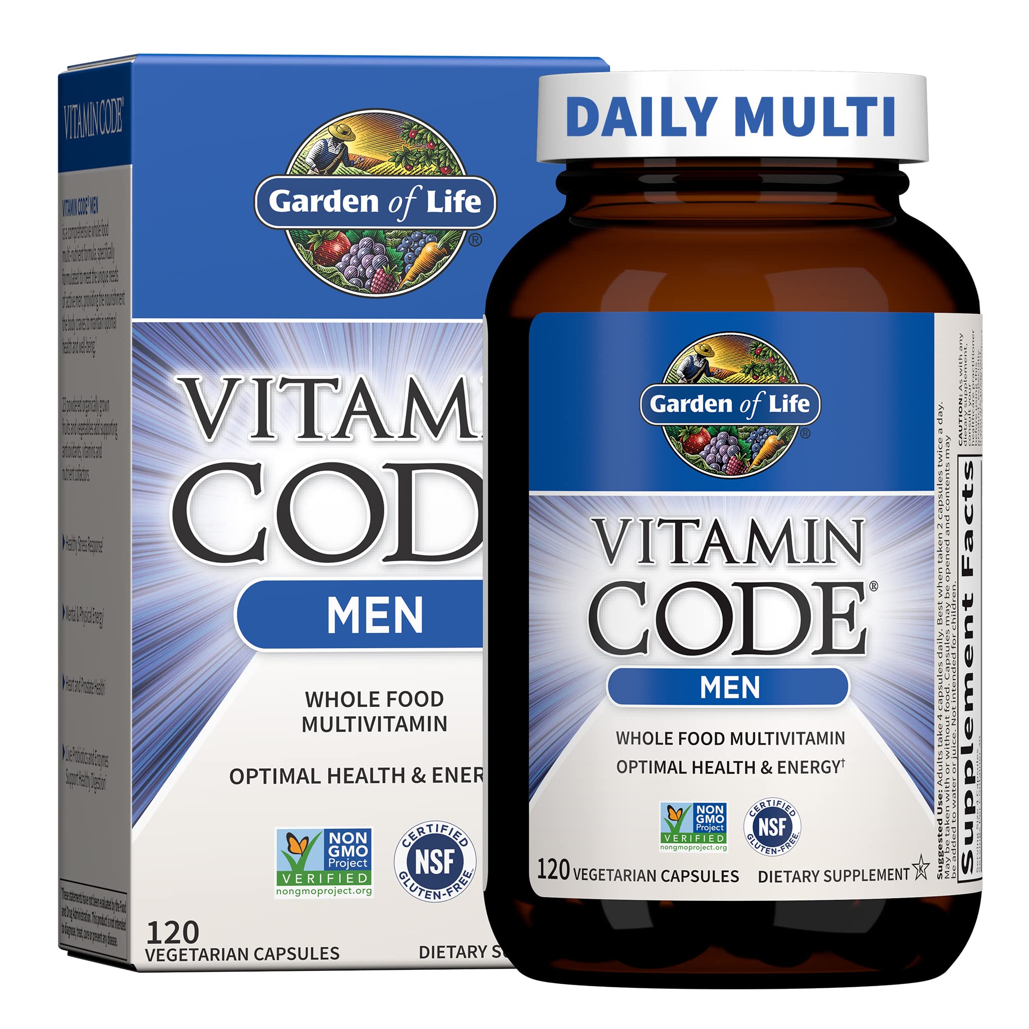 Garden of Life Vitamin Code Men bottle front label showing complete nutrient blend for daily energy