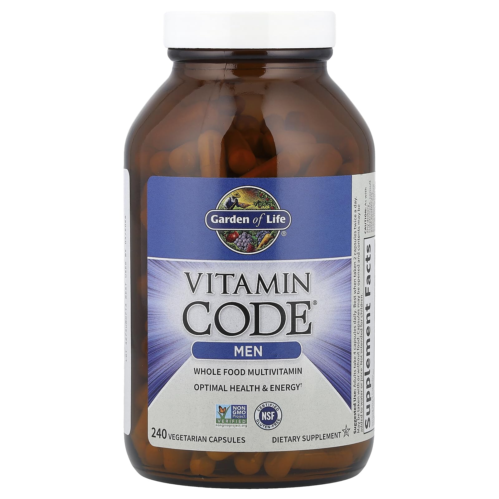 Vitamin Code Men’s label closeup reveals ingredients and certifications.