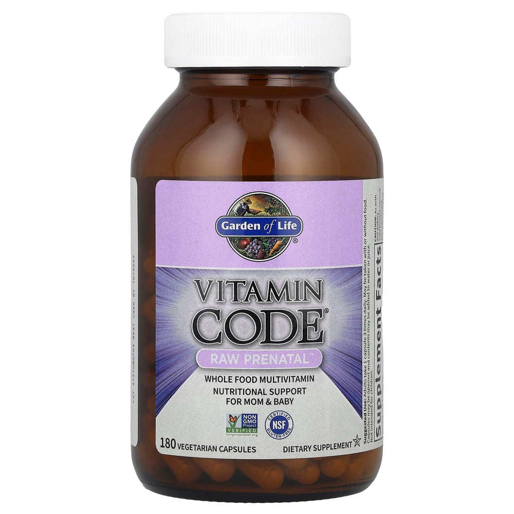 Garden of Life Vitamin Code RAW Prenatal image shows fruit and vegetable blend powering nutrient cofactors.