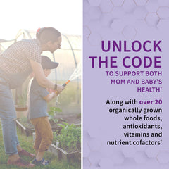 Garden of Life Vitamin Code RAW Prenatal label detailing folate, vitamin D, and iron for prenatal support.