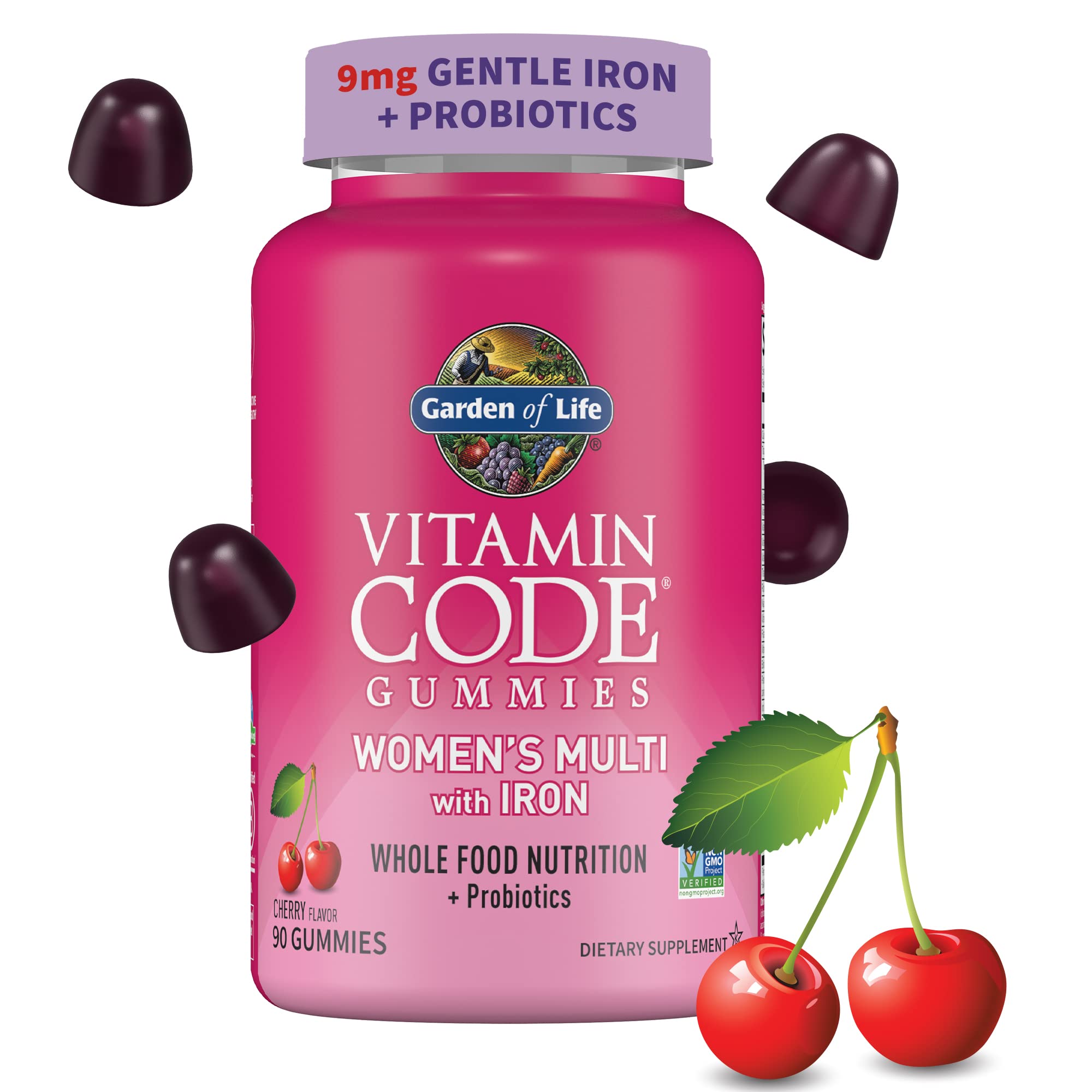 Garden of Life Vitamin Code Women’s Multivitamin Gummy with Iron bottle shows three-cherry serving