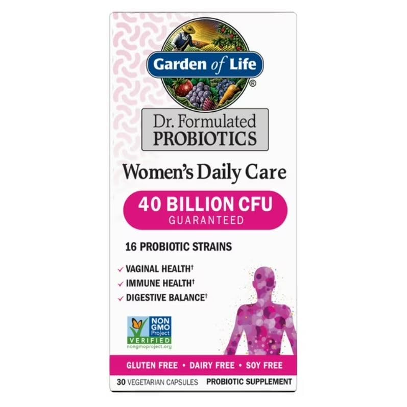 Garden of Life Women's Daily Care Probiotics bottle showing a 30-day supply for daily digestive support.