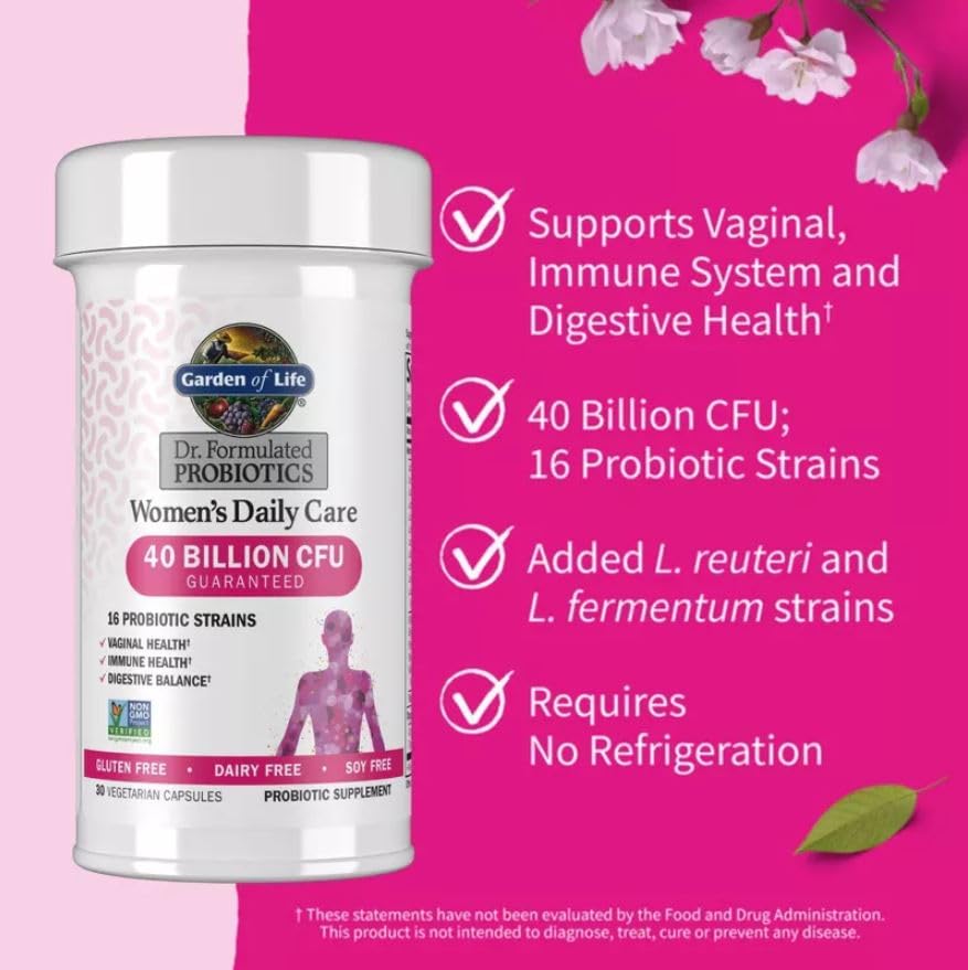 Garden of Life Women's Daily Care Probiotics packaging box emphasizes gluten-free, dairy-free, and vegetarian-friendly features.