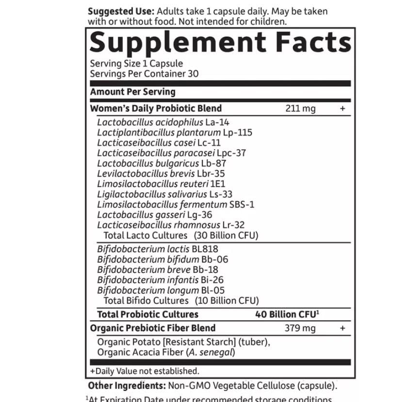Garden of Life Women's Daily Care Probiotics label highlights key strains and daily serving details.