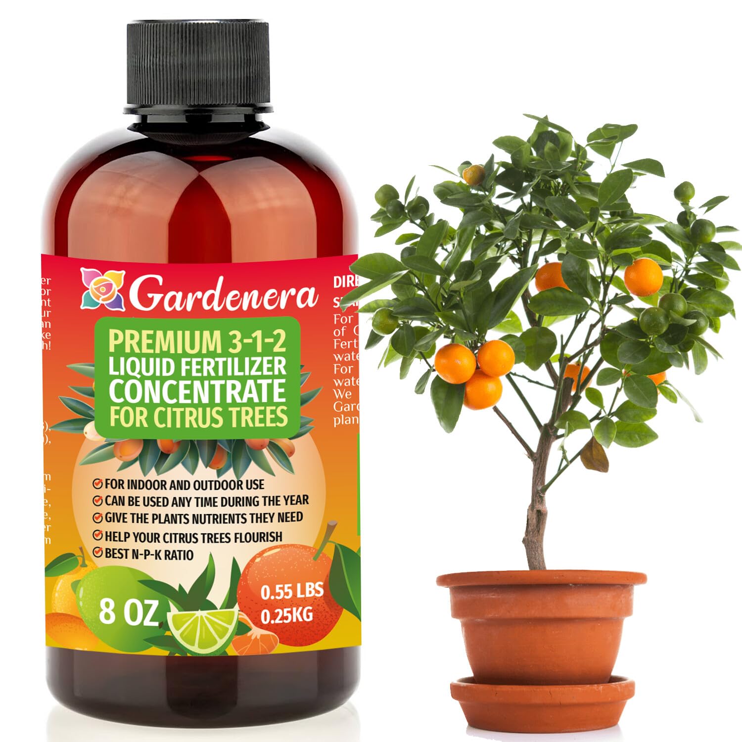 Gardenera citrus fertilizer bottle for indoor trees supports healthy foliage.