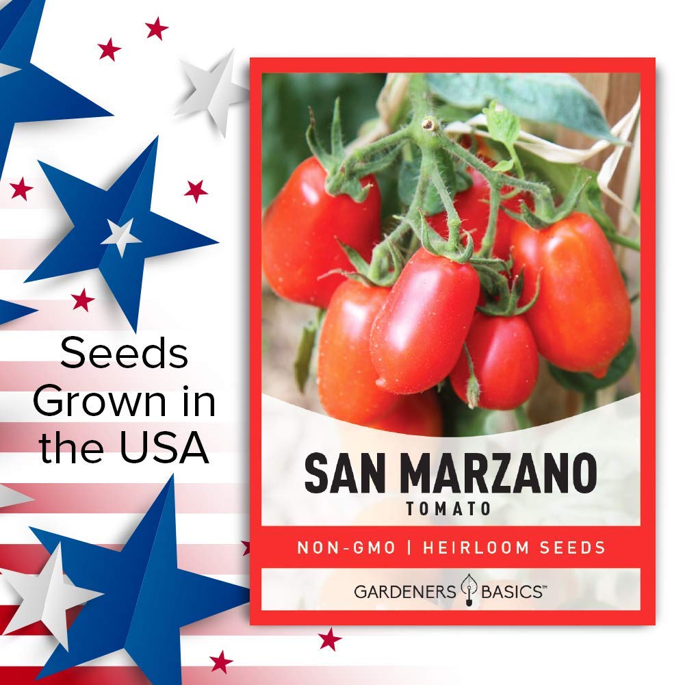Gardeners Basics San Marzano seeds back panel with planting tips for thriving plants.