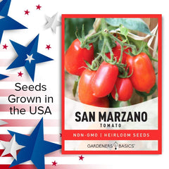 Gardeners Basics San Marzano seeds back panel with planting tips for thriving plants.