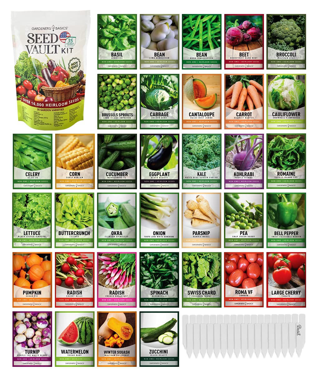 Gardeners Basics survival seeds packaging highlights compact, long-storeable seeds for home emergency planning