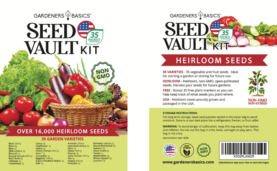 Gardeners Basics water-resistant packaging photo emphasizes durable storage suitable for long-term seed preservation