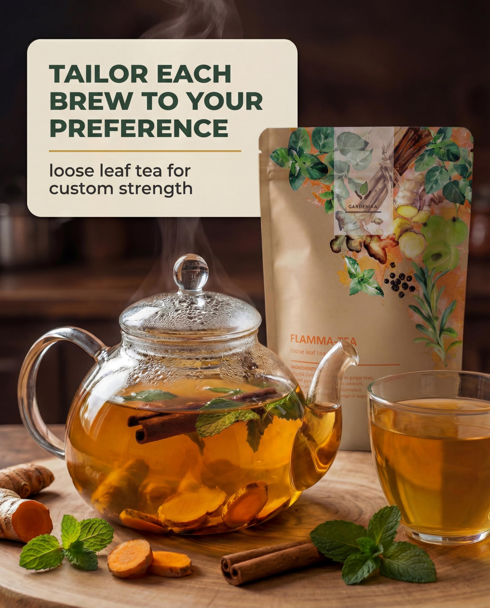 Gardenika Flamma-tea hot cup steams, inviting caffeine-free relaxation
