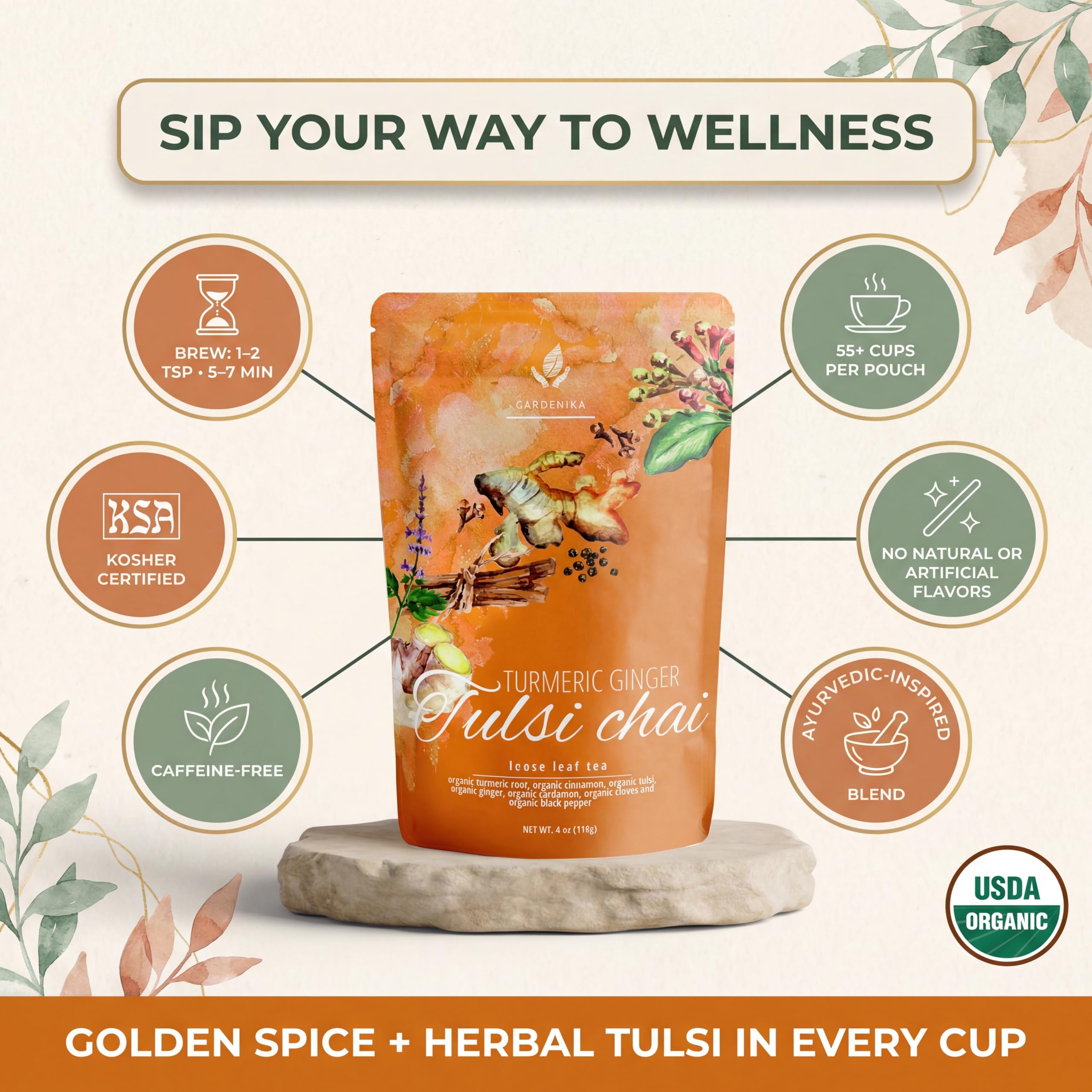 Gardenika tea cup steaming with spice-forward notes for a cozy evening