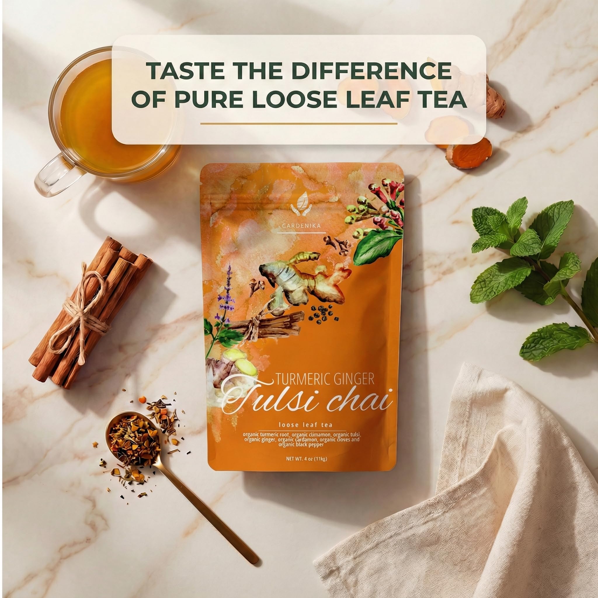 Gardenika organic ingredients listing turmeric, ginger, tulsi and warm spices